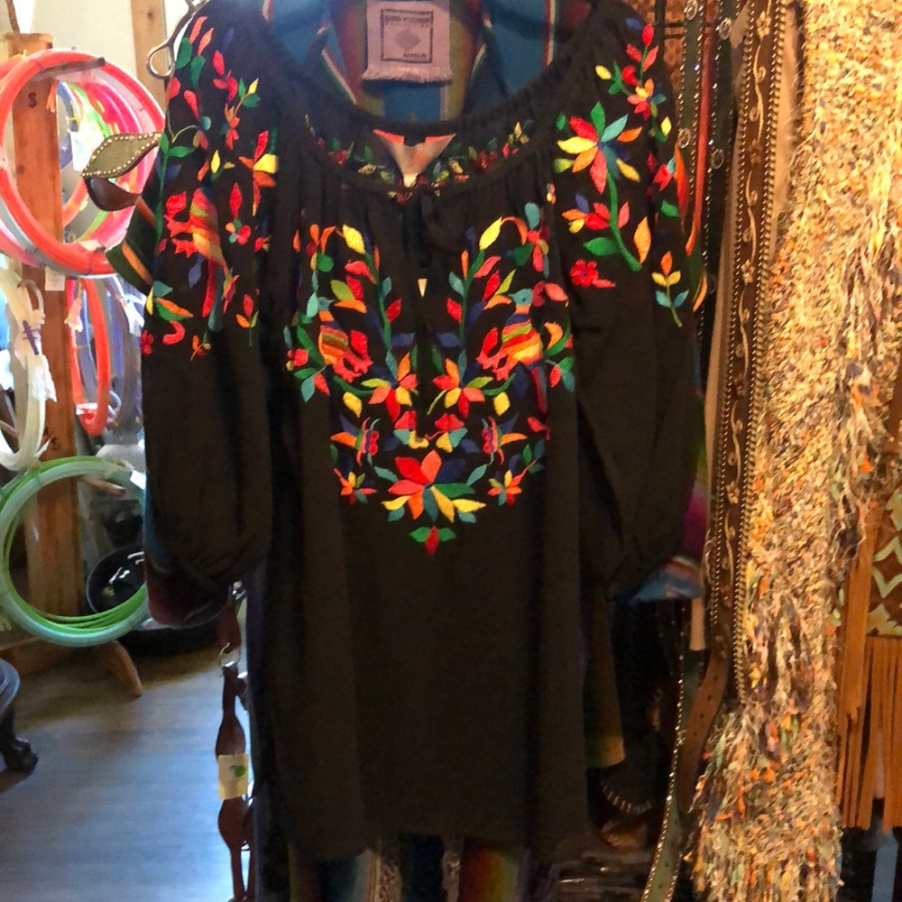 Roja Black sheer blouse with multi color embroidery. Runs generous in size.
